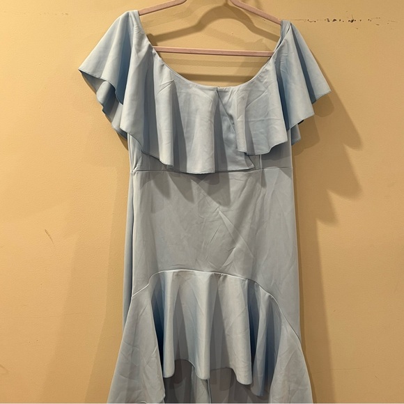 Ice Blue High Low Dress with Flutter Sleeve and Neckline - Picture 4 of 10